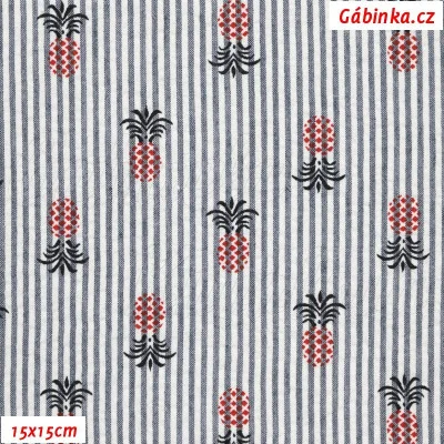 Krep - Proužky s ananasy modré a bílé, 15x15 cm