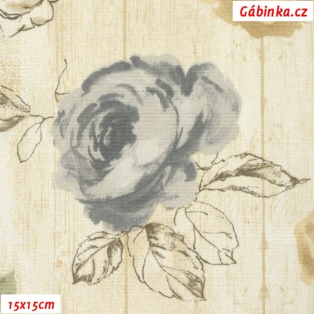 Režné plátno - Růže bílé, šedé a sv. hnědé na dřevu, 15x15 cm