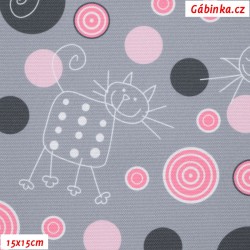Kočárkovina Premium, Kočky na šedé s růžovými kolečky, 15x15 cm