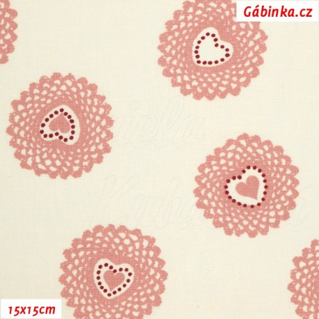 Plátno - Starorůžová srdíčka v pletených kolečkách na bílé, 15x15 cm